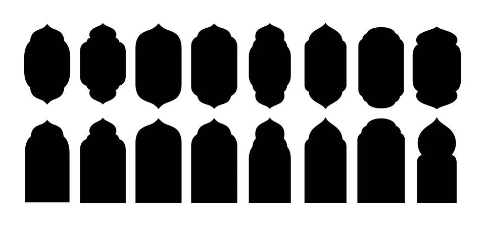 Vector collection of black silhouettes of Ramadan arched windows and doors. Stock Illustration