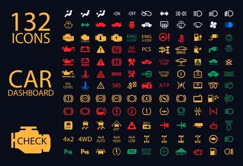 Vector collection of car dashboard panel indicators, yellow red green blue Illustrazione stock