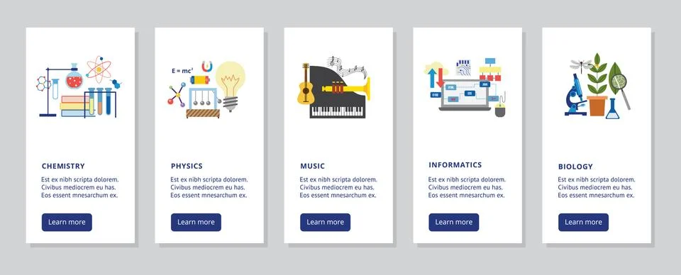 Vector collection of cards with elements of school subjects. Illustrazione stock