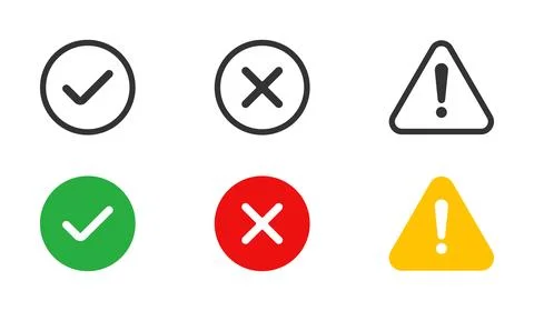 Vector collection of checkmarks, cross, and exclamation point warning icons Stock Illustration