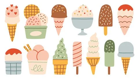 Vector collection of colorful ice cream in flat hand drawn style. Variety of Stock Illustration