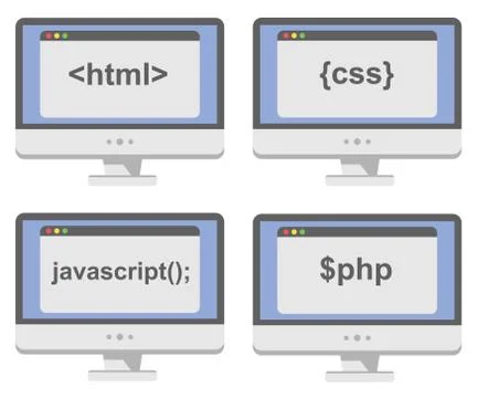 Vector collection of computer screens  with web development process Stock Illustration