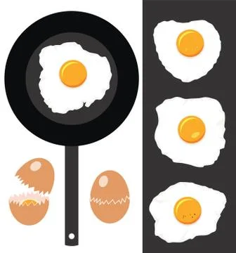 Vector collection of cracked eggs, fried eggs and frying pan Stock Illustration
