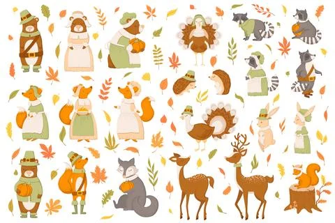 Vector collection with cute autumn animals bears, foxes, turkeys, racoons, .. Stock Illustration