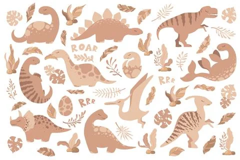Vector collection with cute boho hand drawn cartoon dinosaurs, leaves and b.. Stock Illustration