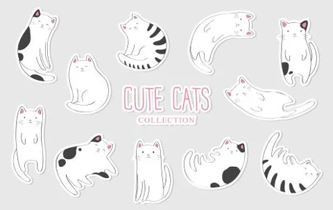Vector collection of cute cartoon hand drawn cats stickers isolated on light  Stock Illustration