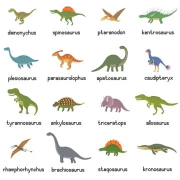 Vector collection of cute flat dinosaurs, including T-rex, Stegosaurus Stock Illustration