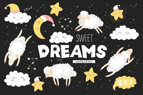 Vector collection with cute hand drawn cartoon clouds, moon, stars and sheeps Stock Illustration