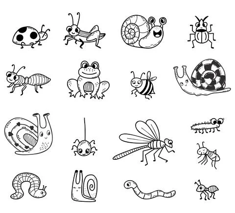 Vector Collection of cute insects. Linear hand drawn doodle. Isolated decorative Stock Illustration