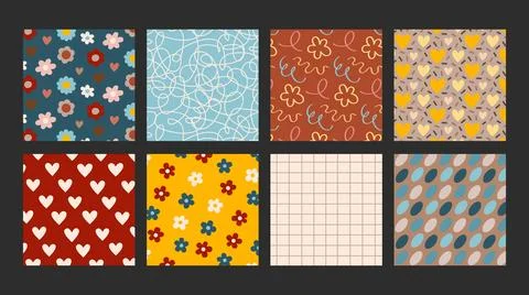 Vector collection of cute simple seamless patterns for creating designs. 库存插图
