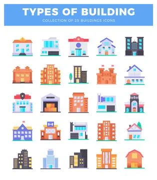 Vector collection of diverse building icons. showcasing architectural style.. Ilustração Stock