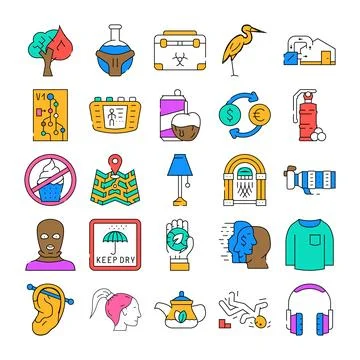 Vector collection of diverse flat outline icons objects Stock Illustration