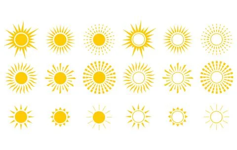 Vector collection of eighteen yellow sun icons in different styles イラスト素材
