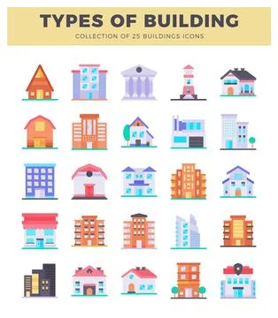 Vector collection of flat building icons representing various architectural.. Stock Illustration