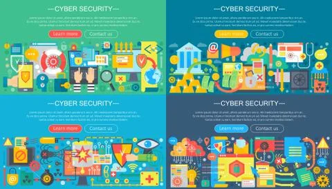 Vector collection of flat cyber security design concepts set. Cloud data service Stock Illustration
