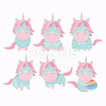 Vector collection of flat funny unicorns isolated. Stock Illustration