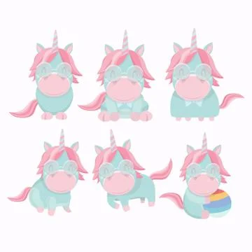 Vector collection of flat funny unicorns isolated. Stock Illustration
