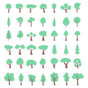 Vector collection of flat tree icons in various geometric shapes for nature Stock Illustration