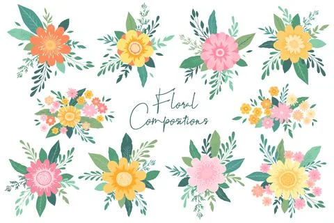 Vector collection of floral compositions from hand drawn colorful flowers, le Stock Illustration