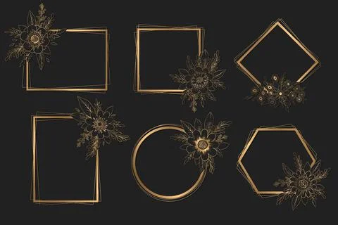 Vector collection of gold geometric frames with hand drawn flowers, leaves an Stock Illustration
