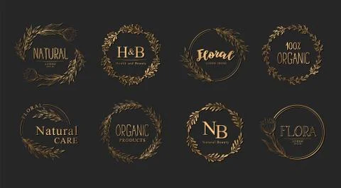 Vector Collection of gold hand drawn floral logo templates with branches and  Stock Illustration
