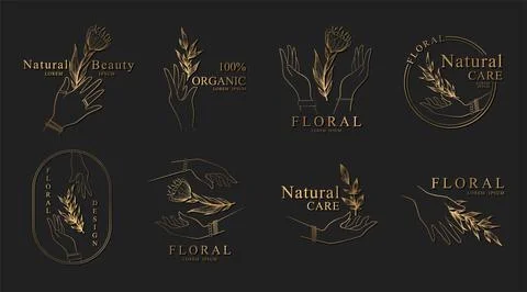 Vector collection of gold logos or emblems templates with hands, branches and Stock Illustration