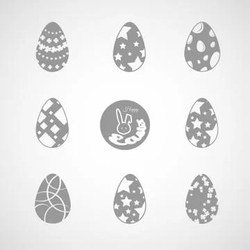 Vector collection of gray Easter eggs icons with different patterns on the .. Stock Illustration