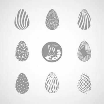 Vector collection of gray Easter eggs icons with different patterns on the .. Stock Illustration