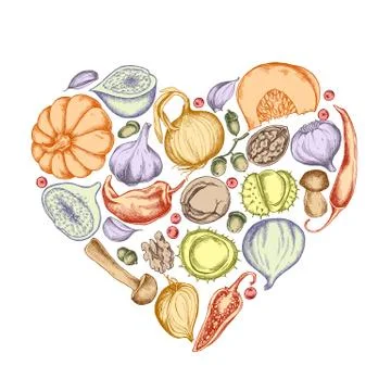 Vector collection of hand drawn autumn vegetables shape of heart Stock Illustration