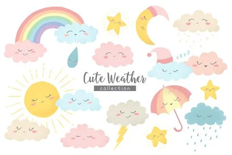 Vector collection with hand drawn cartoon sun, moon, rainbow, umbrella, rain, Stock Illustration