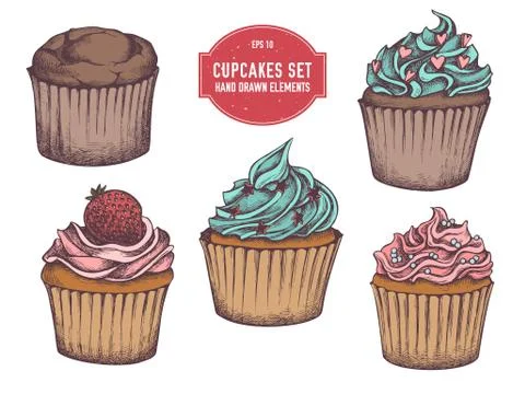 Vector collection of hand drawn cupcakes Stock Illustration