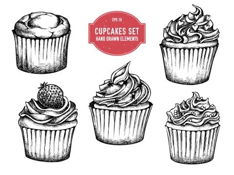 Vector collection of hand drawn cupcakes Stock Illustration