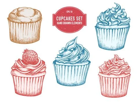 Vector collection of hand drawn cupcakes Stock Illustration