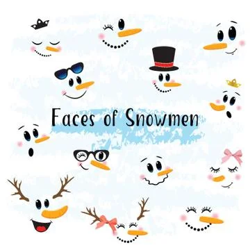 Vector Collection of Hand drawn Cute Snowman Faces Stock Illustration