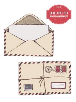 Vector collection of hand drawn envelopes 스톡 일러스트