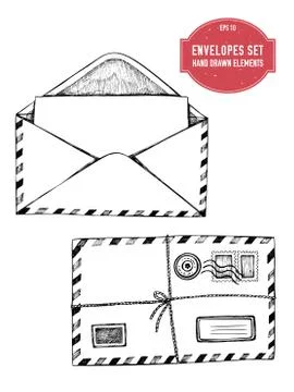 Vector collection of hand drawn envelopes Stock Illustration