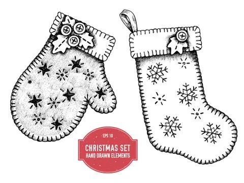 Vector collection of hand drawn mitten and stocking 스톡 일러스트