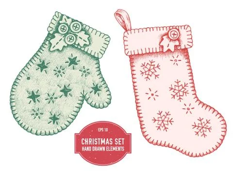 Vector collection of hand drawn mitten and stocking Stock Illustration