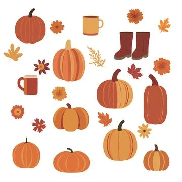 Vector collection of hand drawn pumpkins and autumn design elements set. Orange Stock Illustration