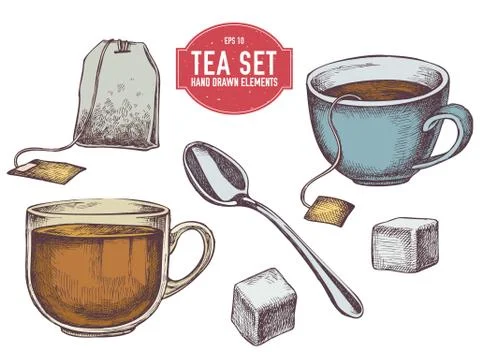Vector collection of hand drawn tea stuff Stock Illustration