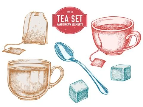 Vector collection of hand drawn tea stuff Stock Illustration