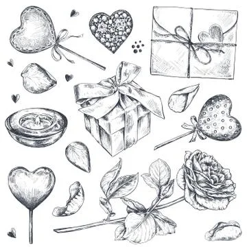 Vector collection of hand drawn vintage valentine and wedding day elements. Stock Illustration