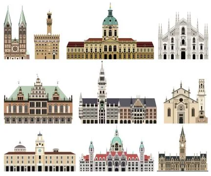 Vector collection of high detailed isolated city halls, landmarks, cathedrals Stock Illustration