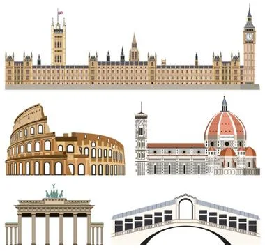 Vector collection of high detailed isolated city halls, landmarks, cathedrals Illustrazione stock