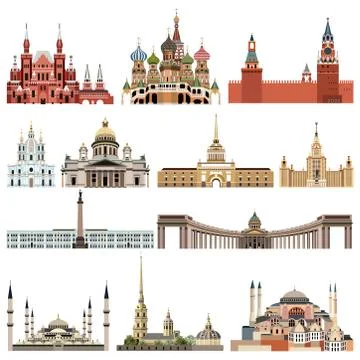 Vector collection high detailed isolated city halls, landmarks, cathedrals, t Stock Illustration