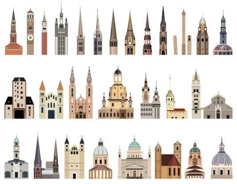 Vector collection of high detailed isolated city halls, landmarks, cathedrals Stock Illustration