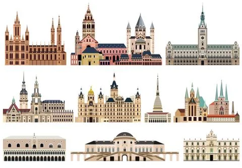 Vector collection of high detailed isolated city halls, landmarks, cathedrals Stock-Illustration