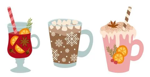 Vector Collection of Hot Winter drinks. Hot chocolate, Coffee, Cocoa with Whi Stock Illustration