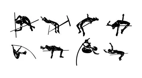 Vector collection of illustrations of silhouettes of high jump athletes Stock Illustration