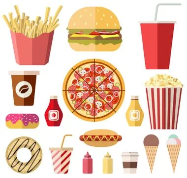 Vector collection of isolated colorful flat styled food and drins icons Stock Illustration